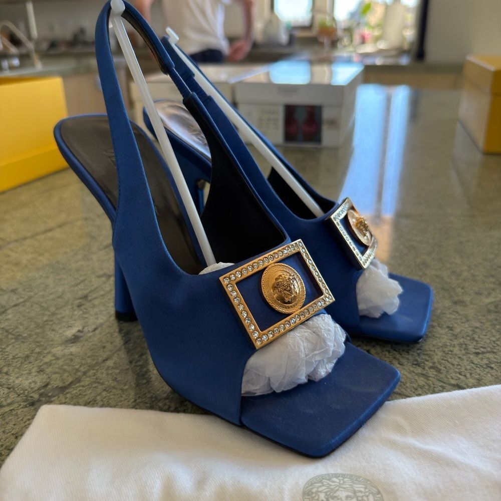 Versace Royal Blue Heels with Gold Accent